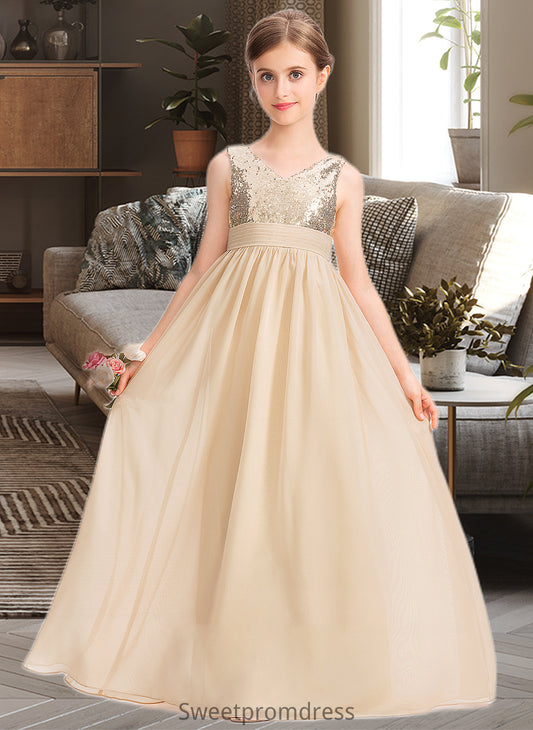 Adalynn A-Line V-neck Floor-Length Chiffon Sequined Junior Bridesmaid Dress With Ruffle DHP0013430