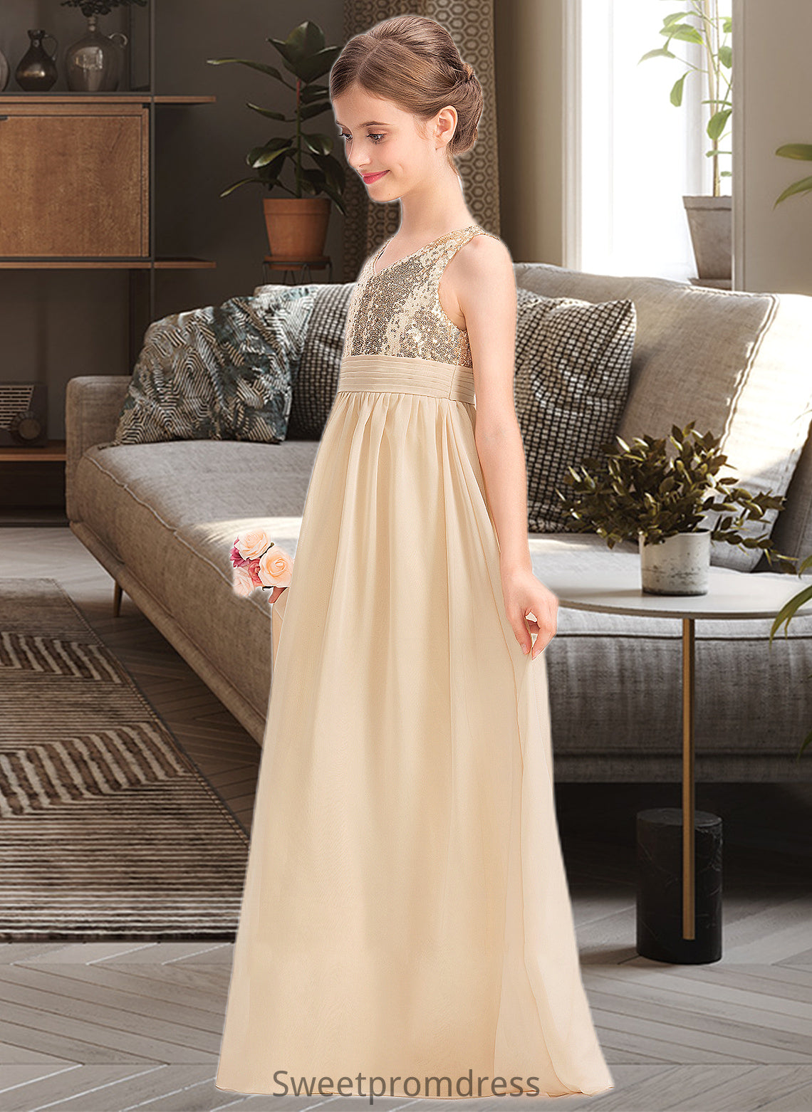 Adalynn A-Line V-neck Floor-Length Chiffon Sequined Junior Bridesmaid Dress With Ruffle DHP0013430