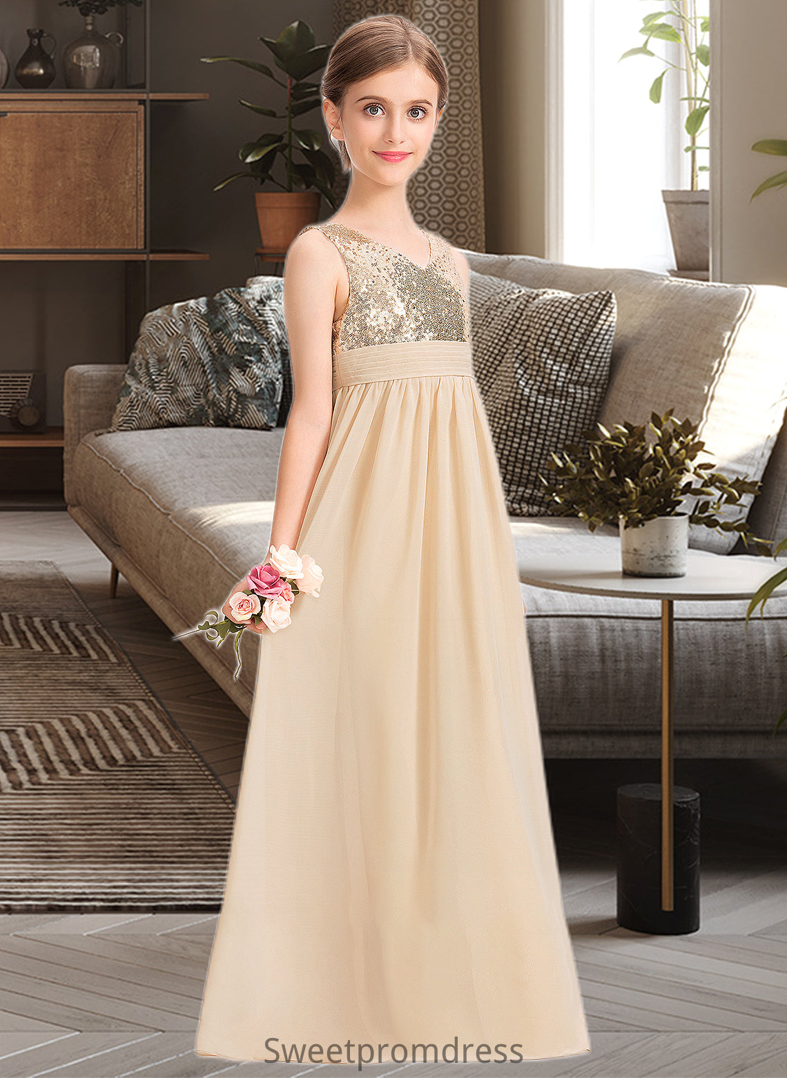 Adalynn A-Line V-neck Floor-Length Chiffon Sequined Junior Bridesmaid Dress With Ruffle DHP0013430