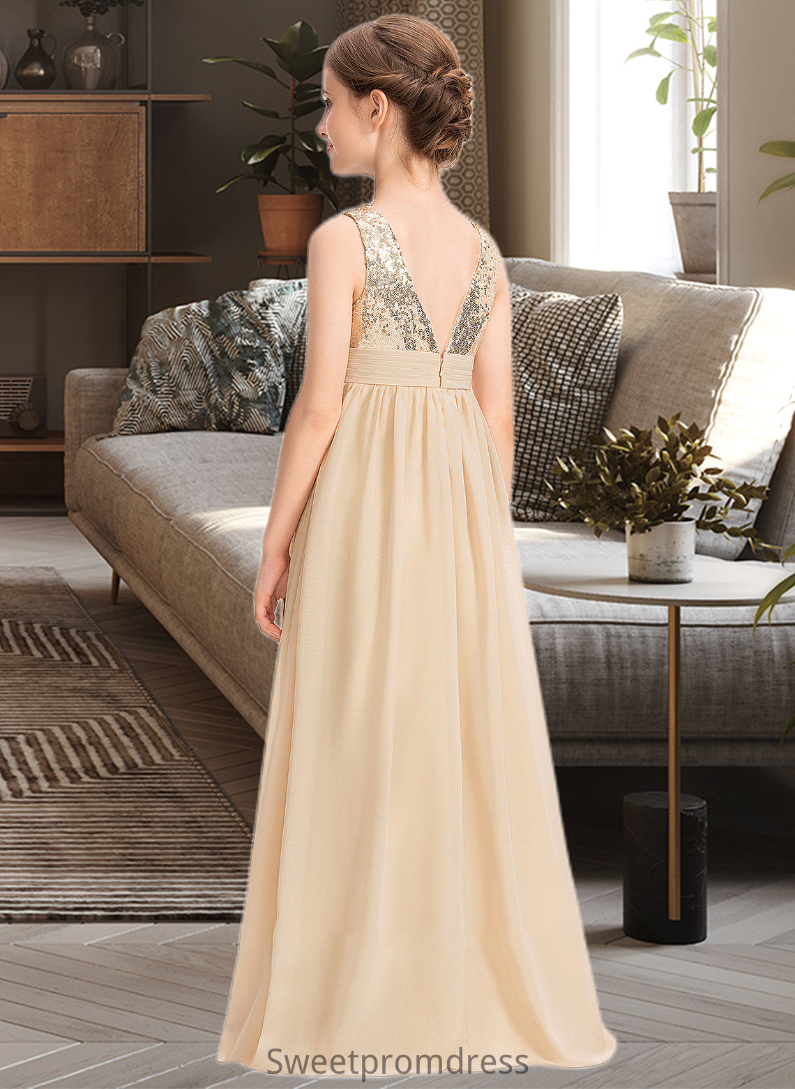 Adalynn A-Line V-neck Floor-Length Chiffon Sequined Junior Bridesmaid Dress With Ruffle DHP0013430