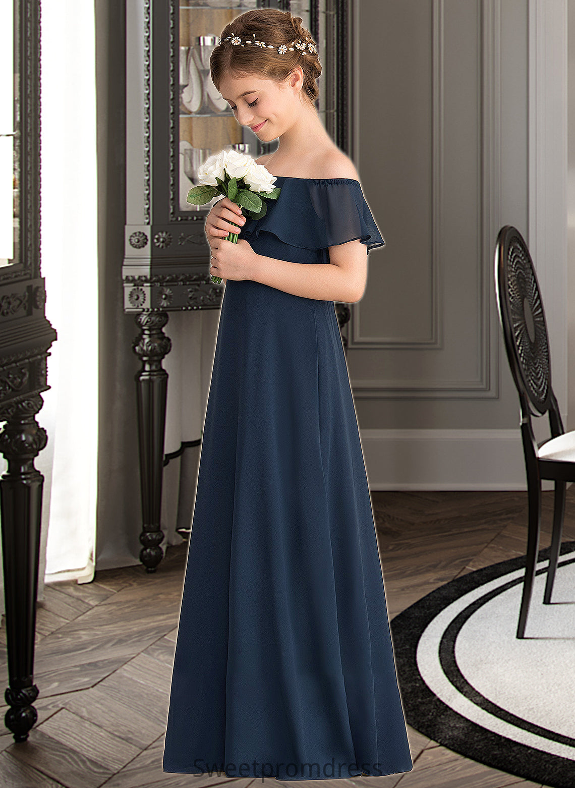 Gracie A-Line Off-the-Shoulder Floor-Length Chiffon Junior Bridesmaid Dress With Cascading Ruffles DHP0013431