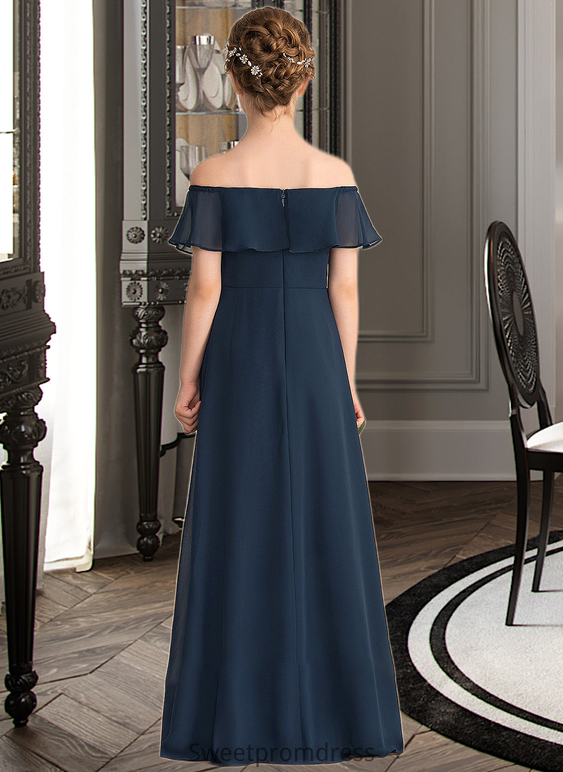 Gracie A-Line Off-the-Shoulder Floor-Length Chiffon Junior Bridesmaid Dress With Cascading Ruffles DHP0013431