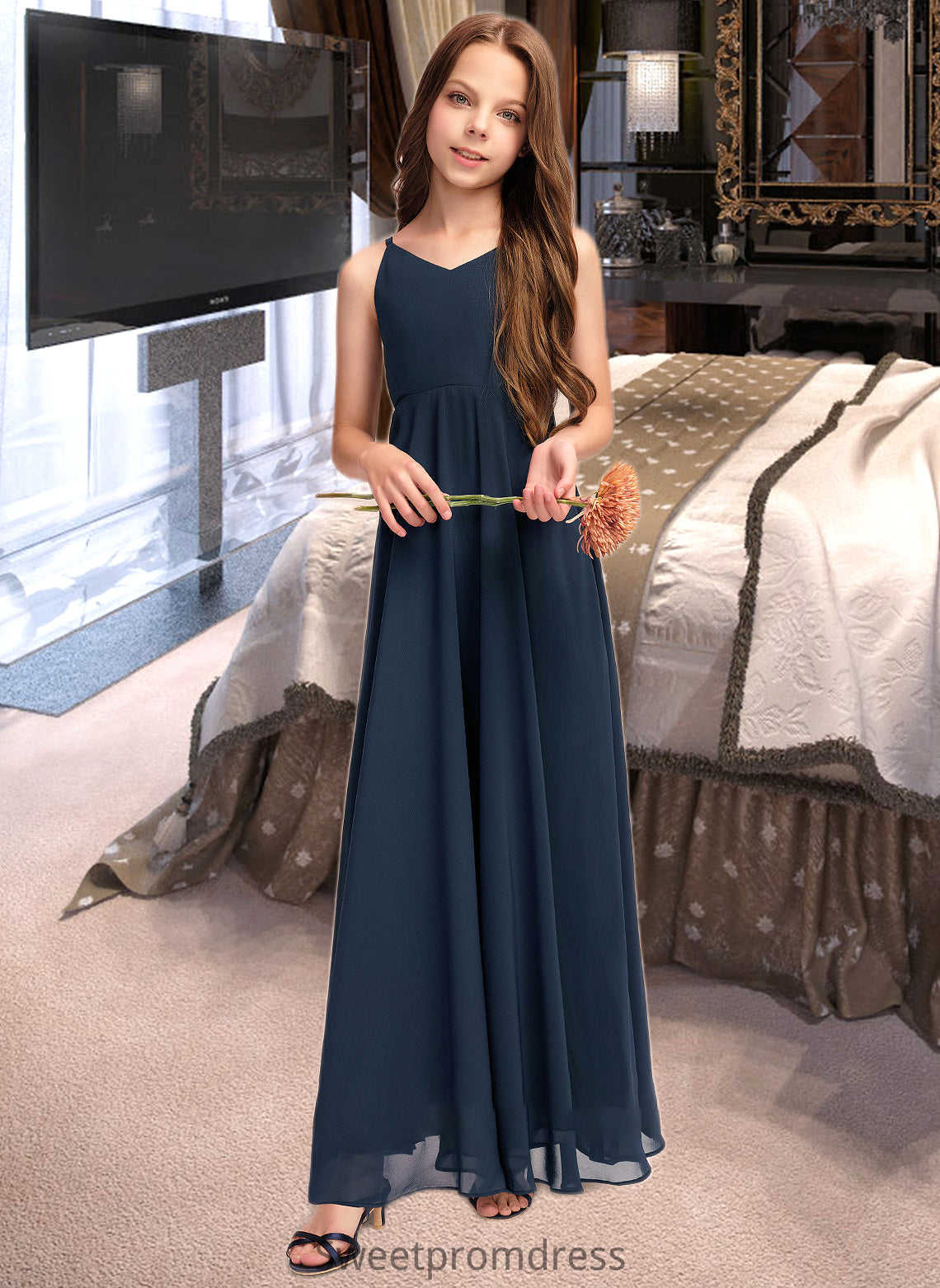 Kendra A-Line V-neck Floor-Length Chiffon Junior Bridesmaid Dress With Bow(s) DHP0013432