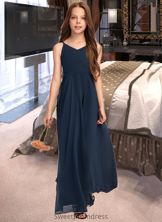 Kendra A-Line V-neck Floor-Length Chiffon Junior Bridesmaid Dress With Bow(s) DHP0013432