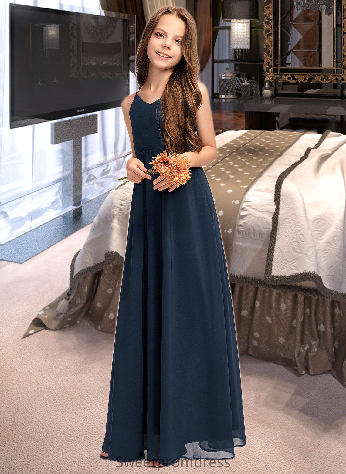 Kendra A-Line V-neck Floor-Length Chiffon Junior Bridesmaid Dress With Bow(s) DHP0013432