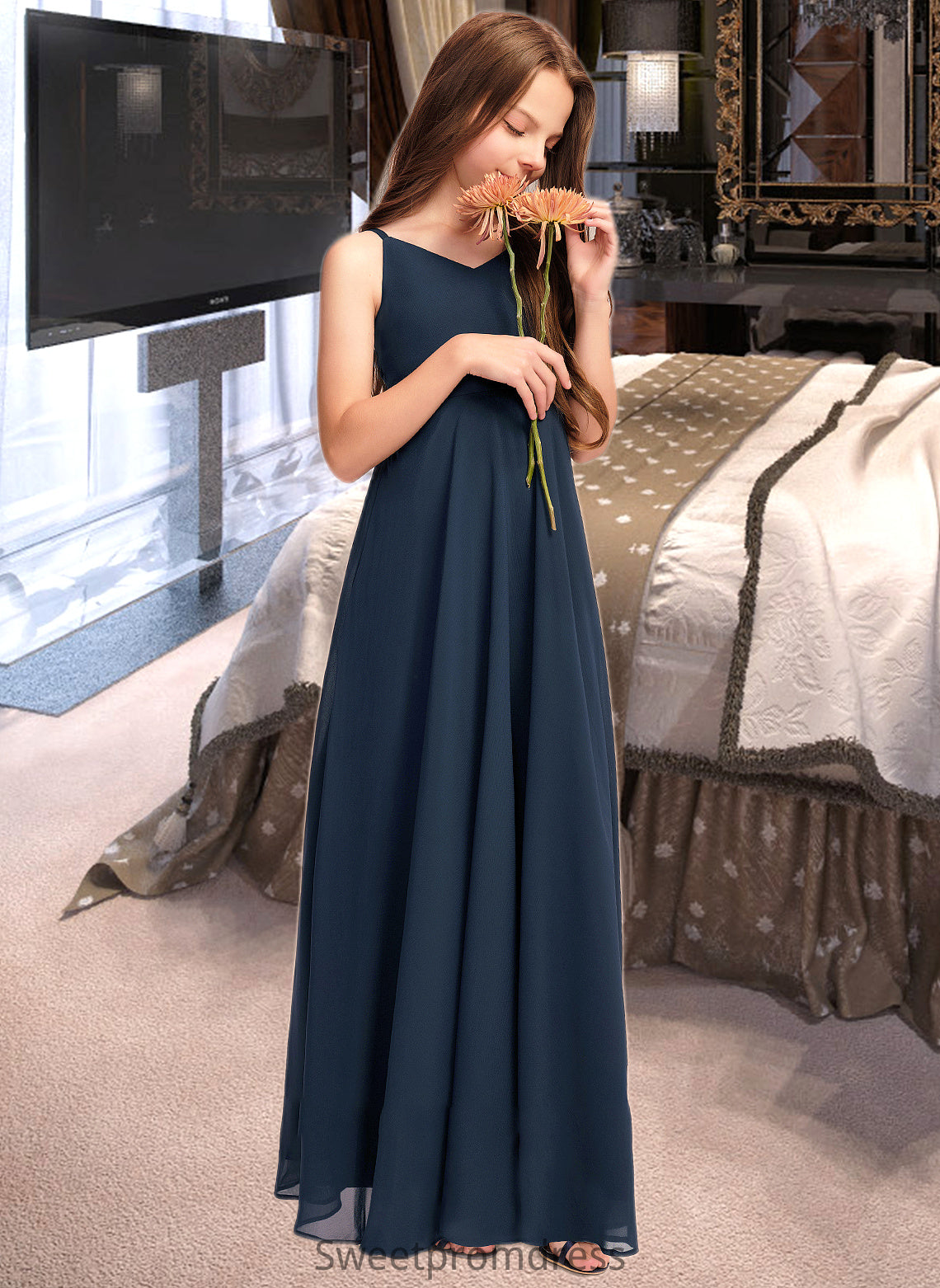 Kendra A-Line V-neck Floor-Length Chiffon Junior Bridesmaid Dress With Bow(s) DHP0013432