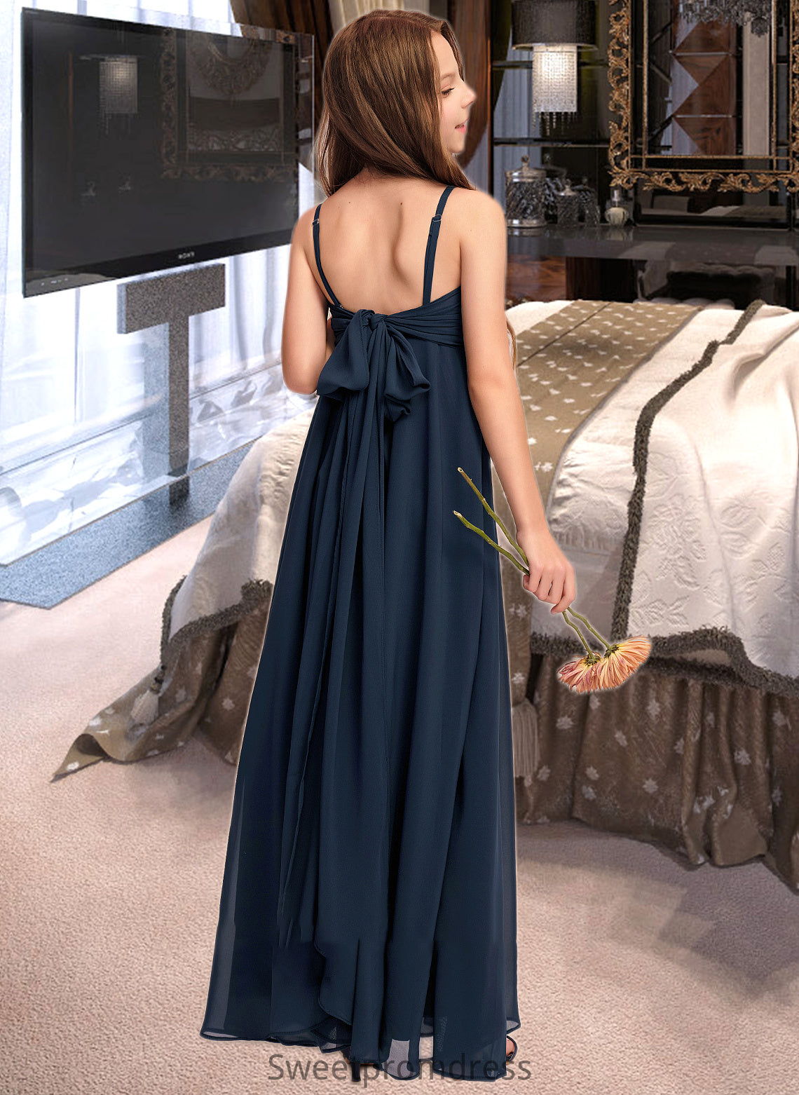 Kendra A-Line V-neck Floor-Length Chiffon Junior Bridesmaid Dress With Bow(s) DHP0013432