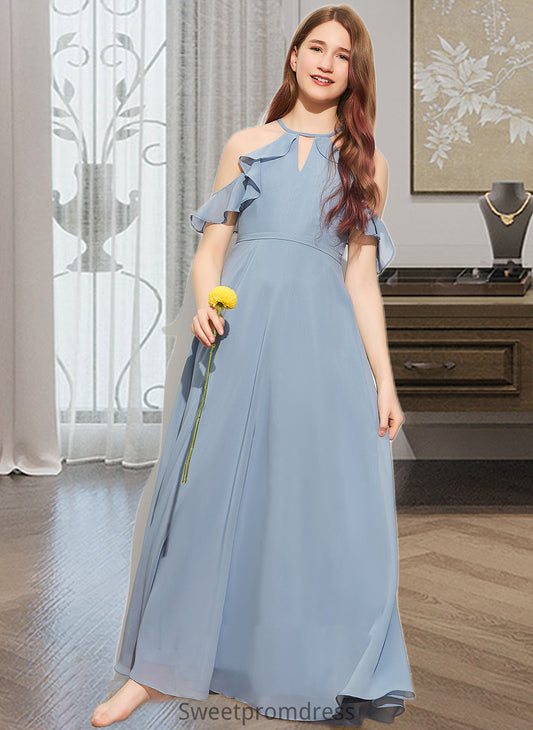 Gina A-Line Scoop Neck Floor-Length Chiffon Junior Bridesmaid Dress With Bow(s) Cascading Ruffles DHP0013433