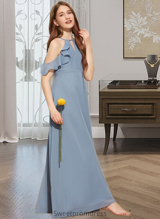 Gina A-Line Scoop Neck Floor-Length Chiffon Junior Bridesmaid Dress With Bow(s) Cascading Ruffles DHP0013433