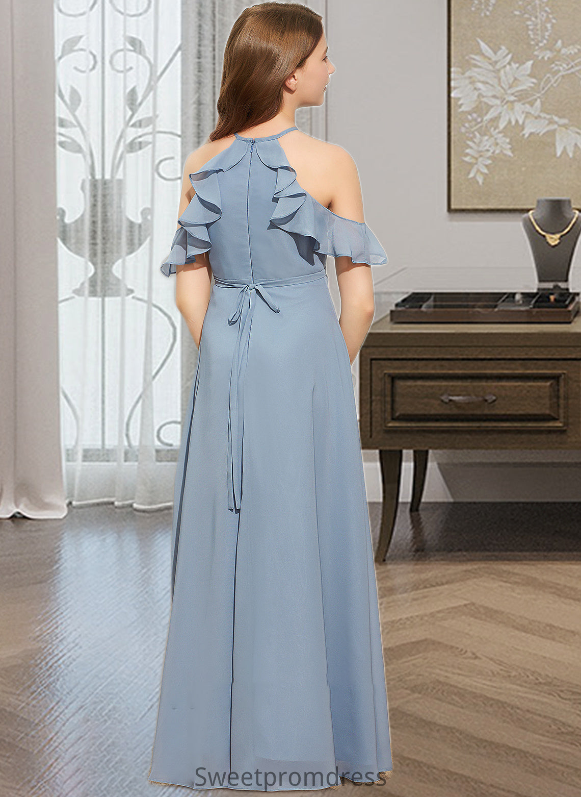 Gina A-Line Scoop Neck Floor-Length Chiffon Junior Bridesmaid Dress With Bow(s) Cascading Ruffles DHP0013433