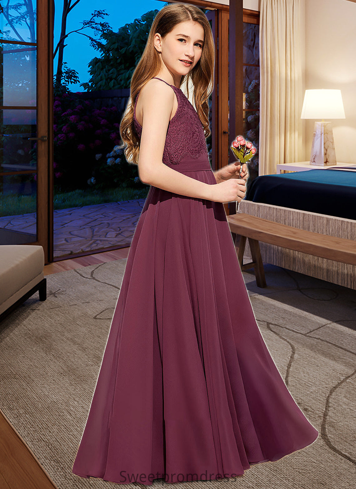 Piper A-Line Square Neckline Floor-Length Chiffon Lace Junior Bridesmaid Dress DHP0013434