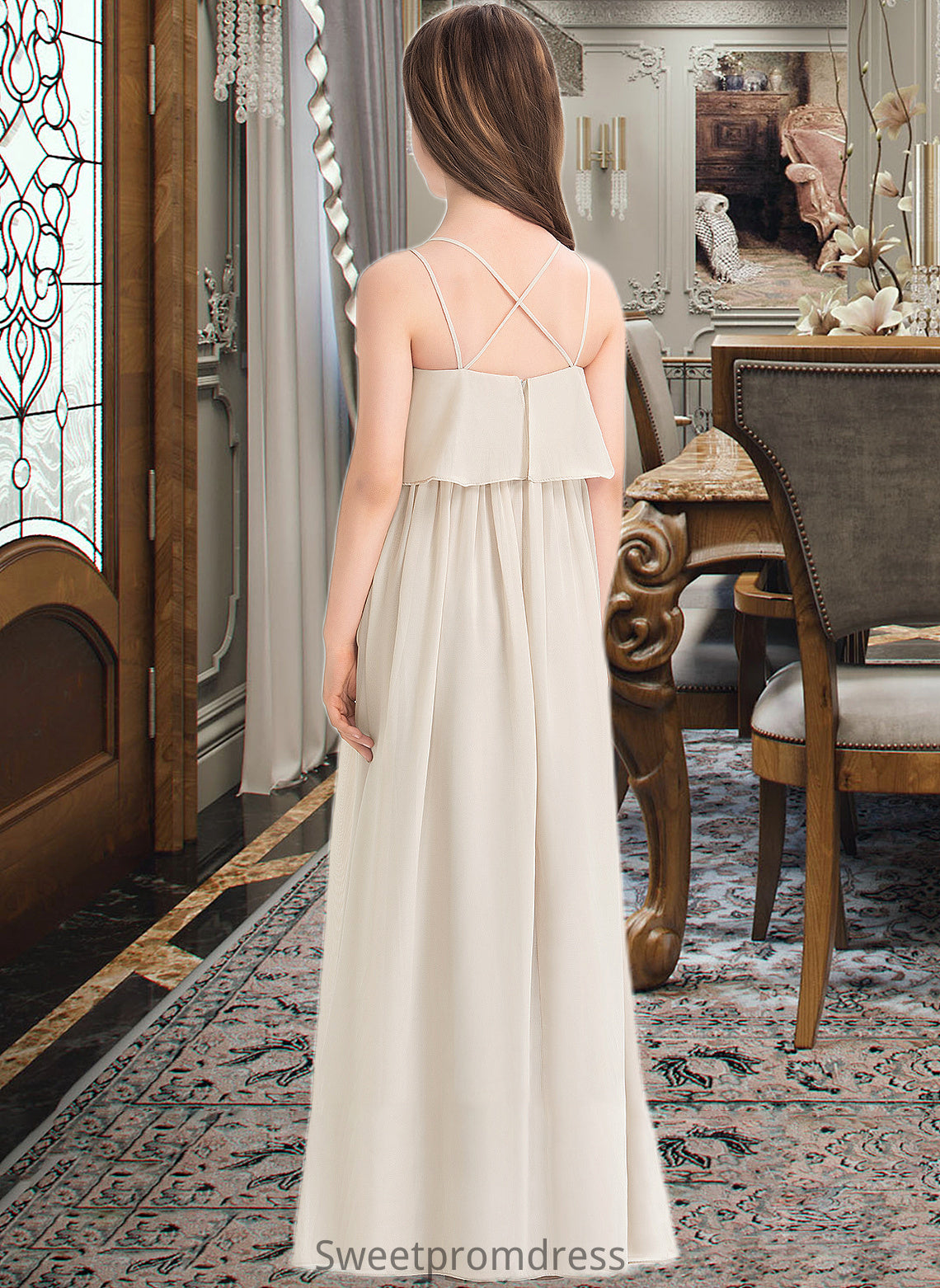 Marely A-Line V-neck Floor-Length Chiffon Junior Bridesmaid Dress DHP0013435