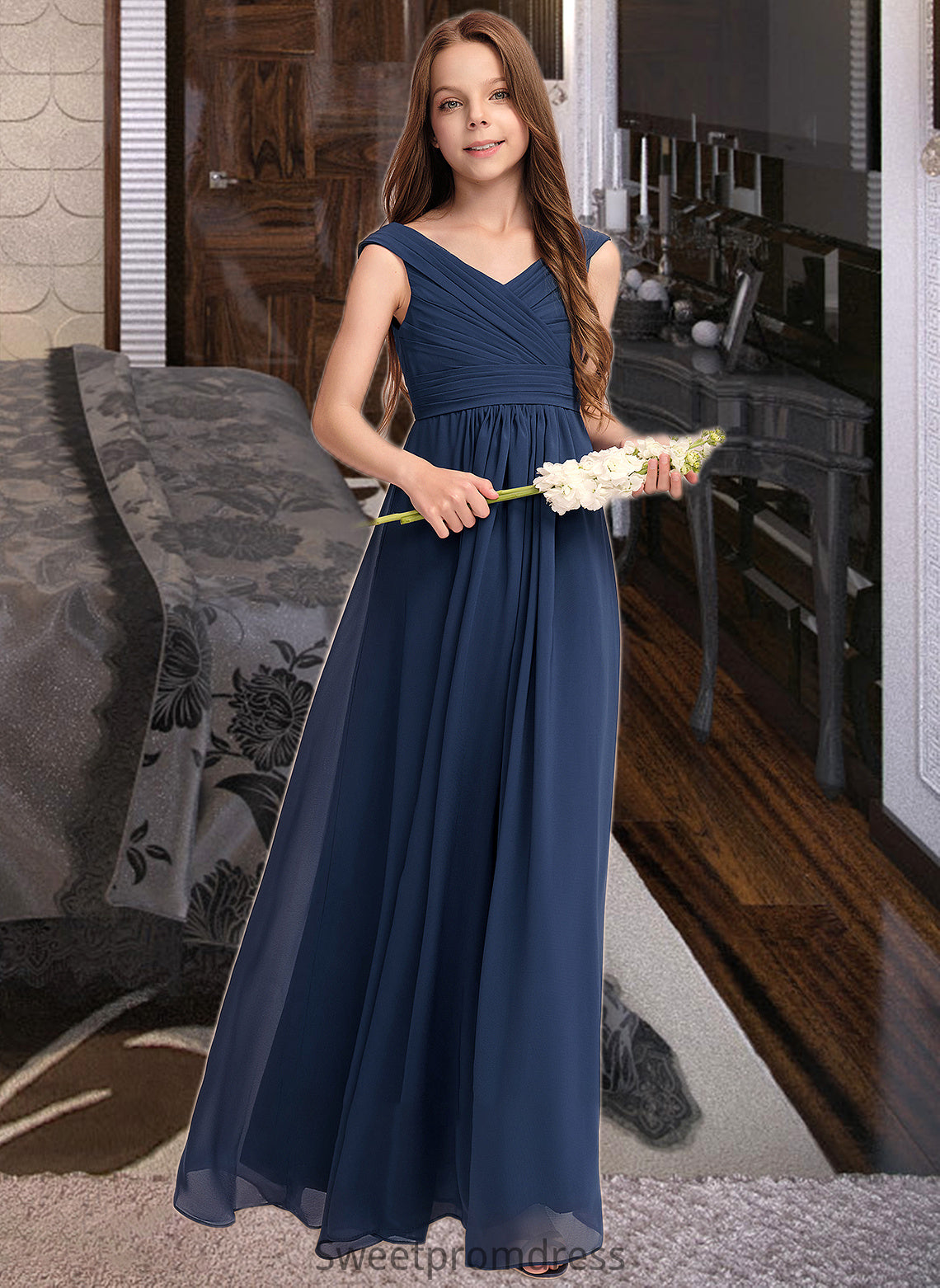 Esther A-Line Off-the-Shoulder Floor-Length Chiffon Junior Bridesmaid Dress With Ruffles DHP0013436