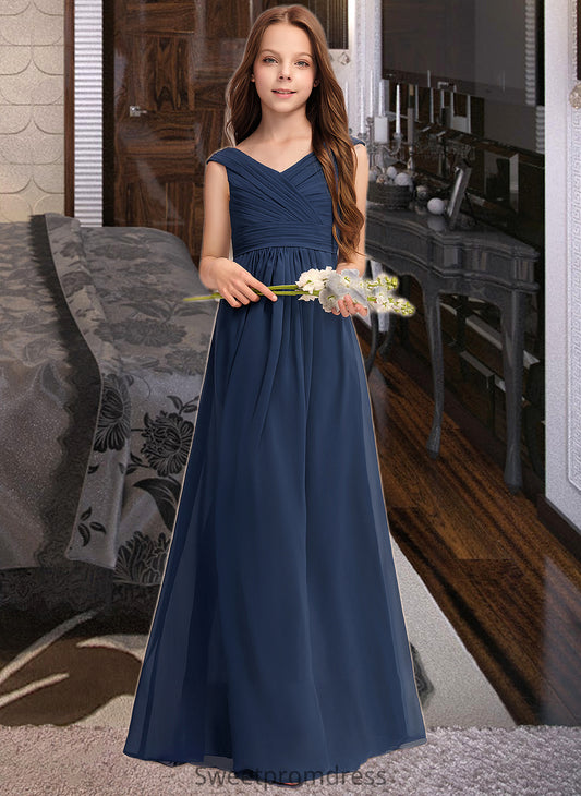 Esther A-Line Off-the-Shoulder Floor-Length Chiffon Junior Bridesmaid Dress With Ruffles DHP0013436