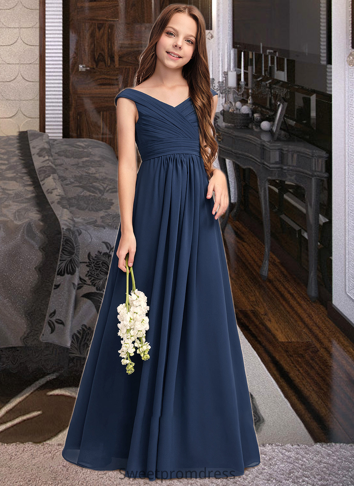 Esther A-Line Off-the-Shoulder Floor-Length Chiffon Junior Bridesmaid Dress With Ruffles DHP0013436