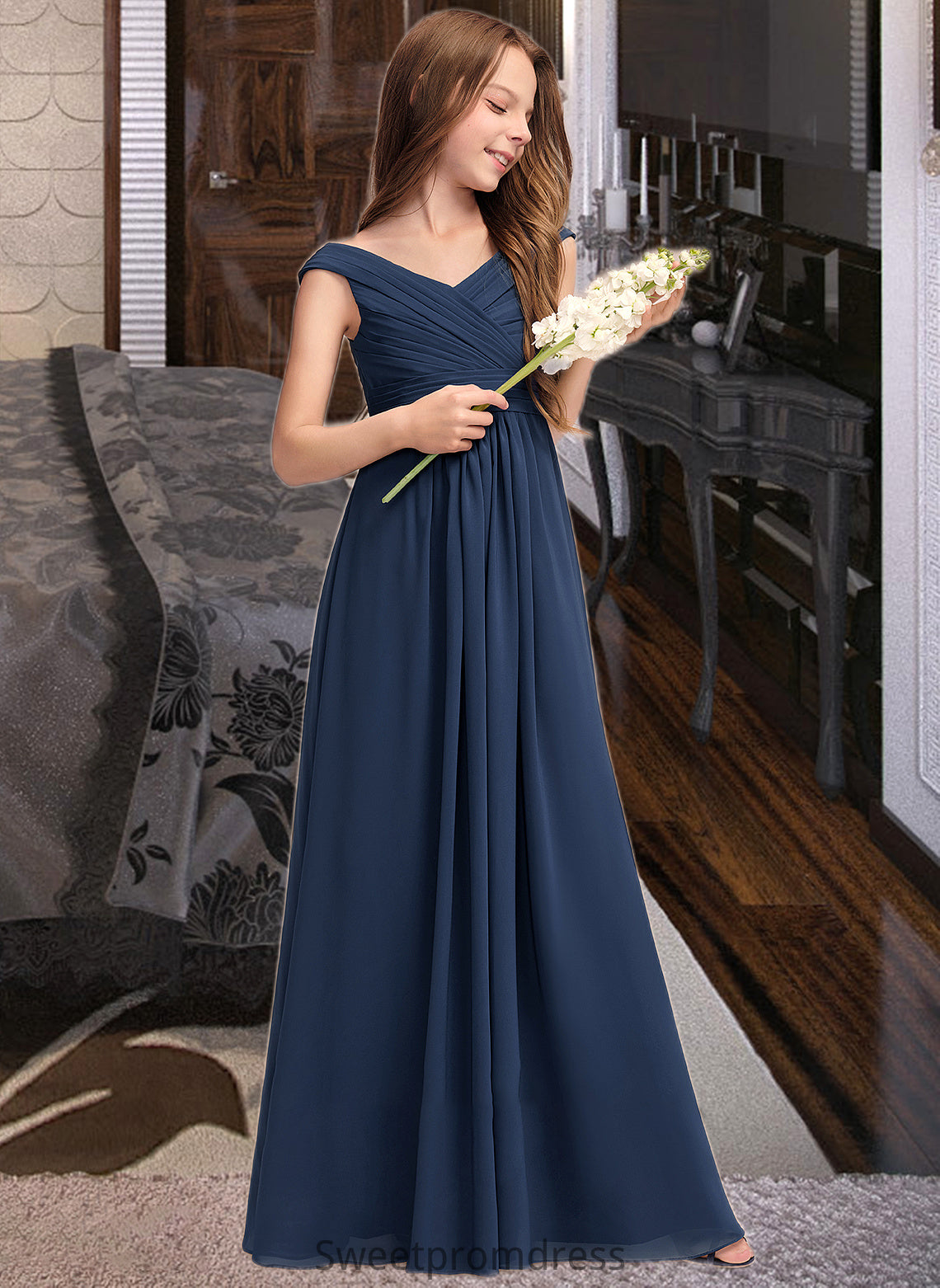 Esther A-Line Off-the-Shoulder Floor-Length Chiffon Junior Bridesmaid Dress With Ruffles DHP0013436