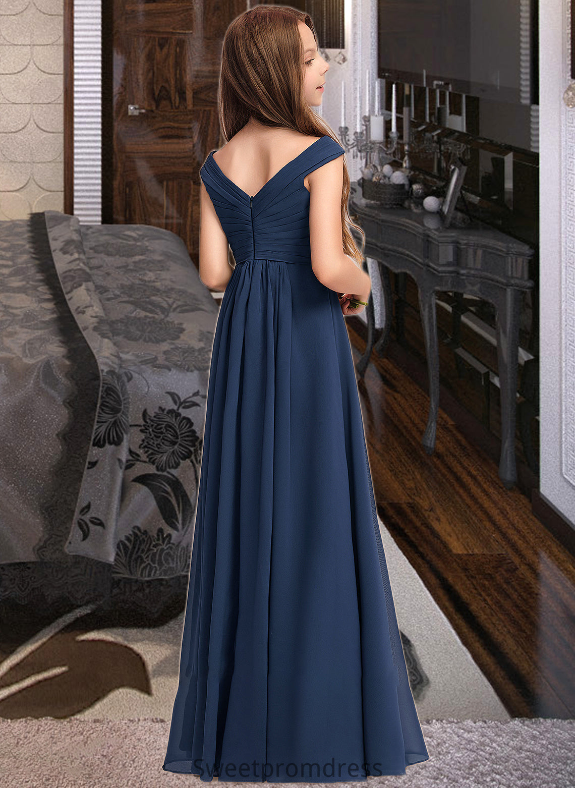 Esther A-Line Off-the-Shoulder Floor-Length Chiffon Junior Bridesmaid Dress With Ruffles DHP0013436