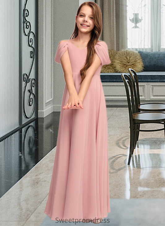 Geraldine A-Line V-neck Floor-Length Chiffon Junior Bridesmaid Dress With Ruffle DHP0013437