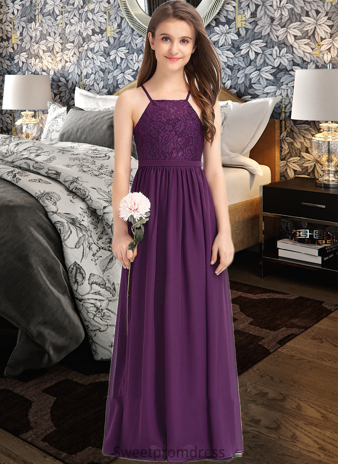 Litzy A-Line Square Neckline Floor-Length Chiffon Lace Junior Bridesmaid Dress With Bow(s) DHP0013438