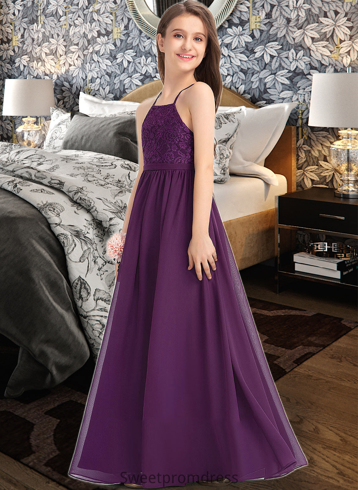 Litzy A-Line Square Neckline Floor-Length Chiffon Lace Junior Bridesmaid Dress With Bow(s) DHP0013438