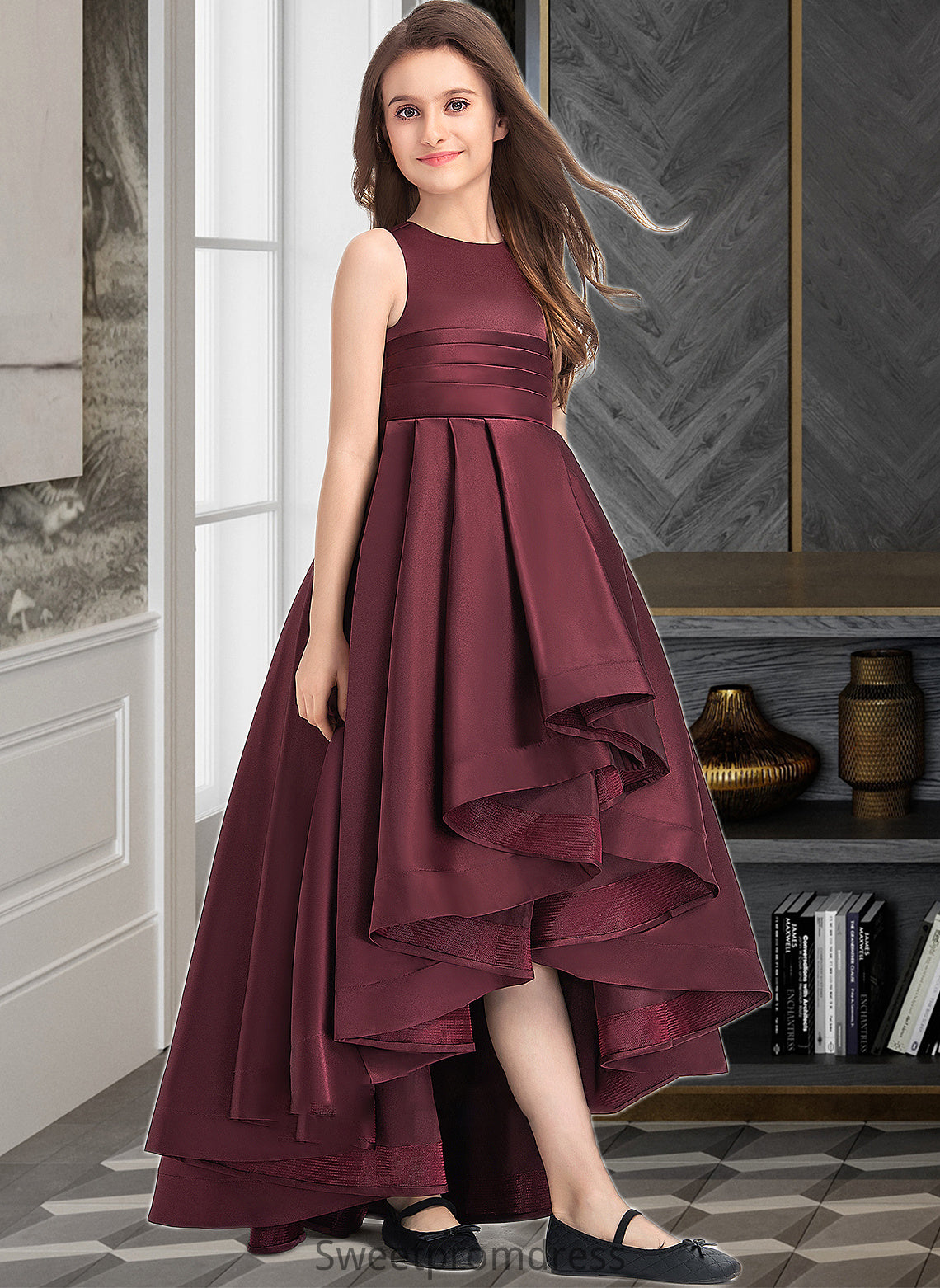 Jo A-Line Scoop Neck Asymmetrical Satin Junior Bridesmaid Dress With Ruffle DHP0013439