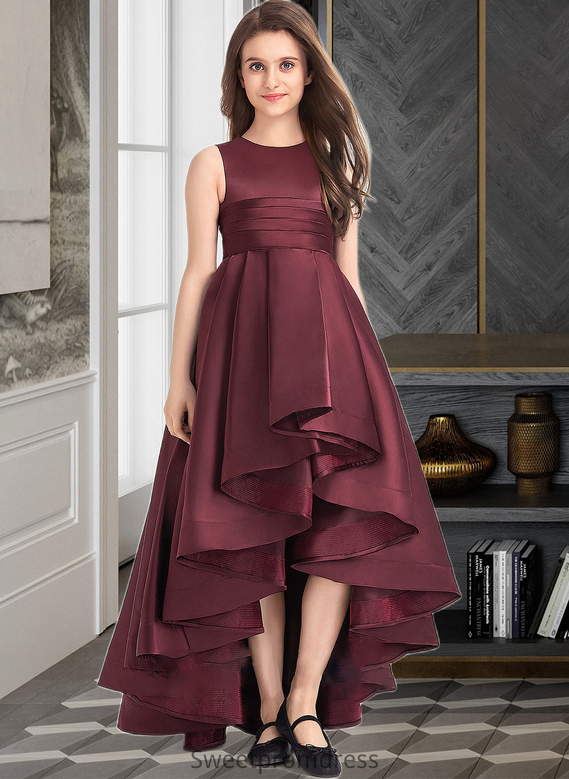 Jo A-Line Scoop Neck Asymmetrical Satin Junior Bridesmaid Dress With Ruffle DHP0013439