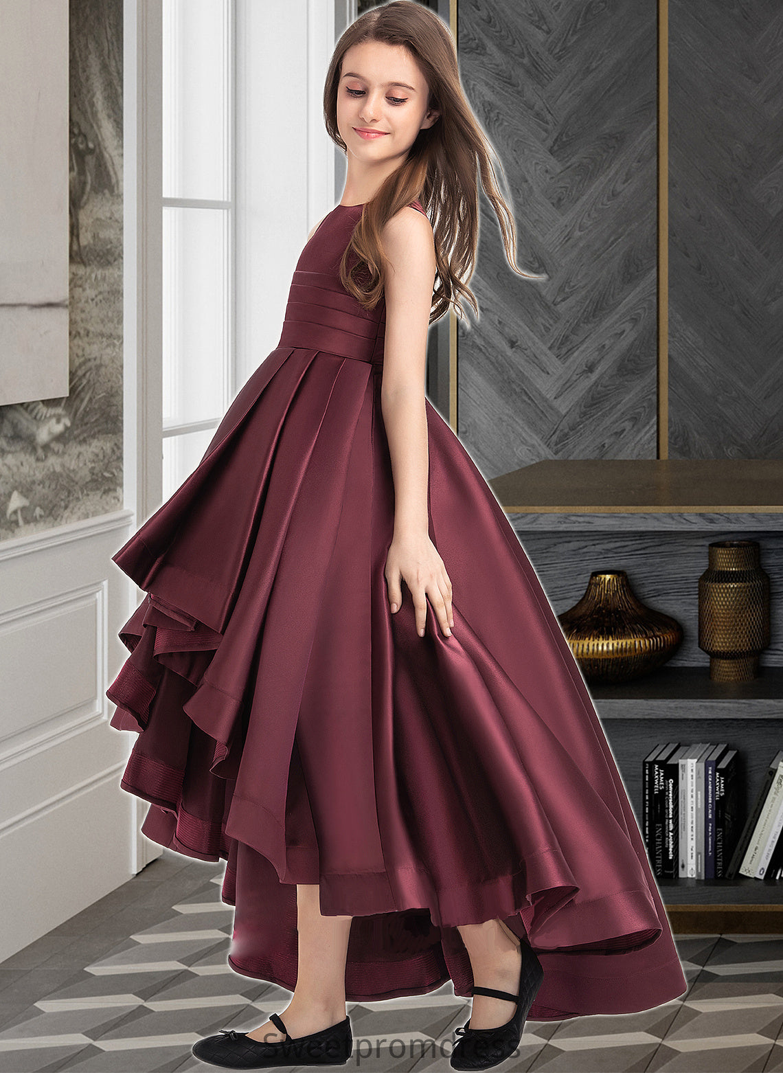 Jo A-Line Scoop Neck Asymmetrical Satin Junior Bridesmaid Dress With Ruffle DHP0013439