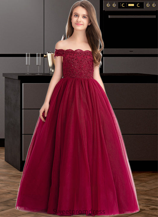 Chaya Ball-Gown/Princess Off-the-Shoulder Floor-Length Tulle Lace Junior Bridesmaid Dress With Beading Sequins DHP0013440