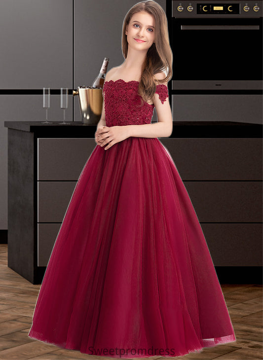 Chaya Ball-Gown/Princess Off-the-Shoulder Floor-Length Tulle Lace Junior Bridesmaid Dress With Beading Sequins DHP0013440