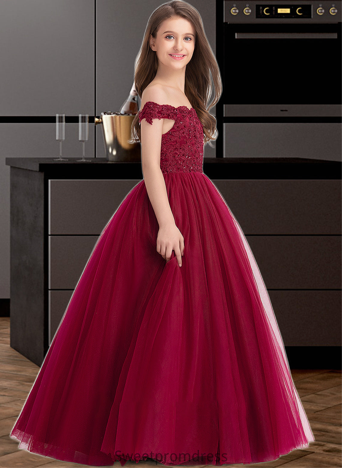 Chaya Ball-Gown/Princess Off-the-Shoulder Floor-Length Tulle Lace Junior Bridesmaid Dress With Beading Sequins DHP0013440