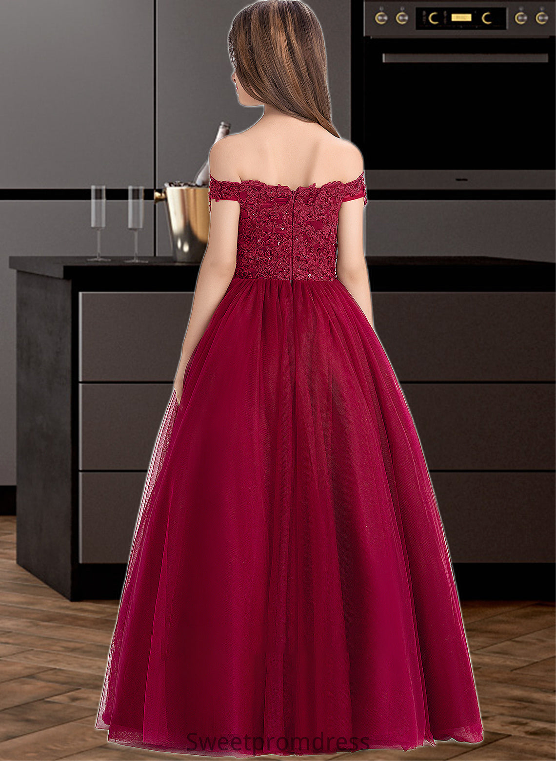 Chaya Ball-Gown/Princess Off-the-Shoulder Floor-Length Tulle Lace Junior Bridesmaid Dress With Beading Sequins DHP0013440