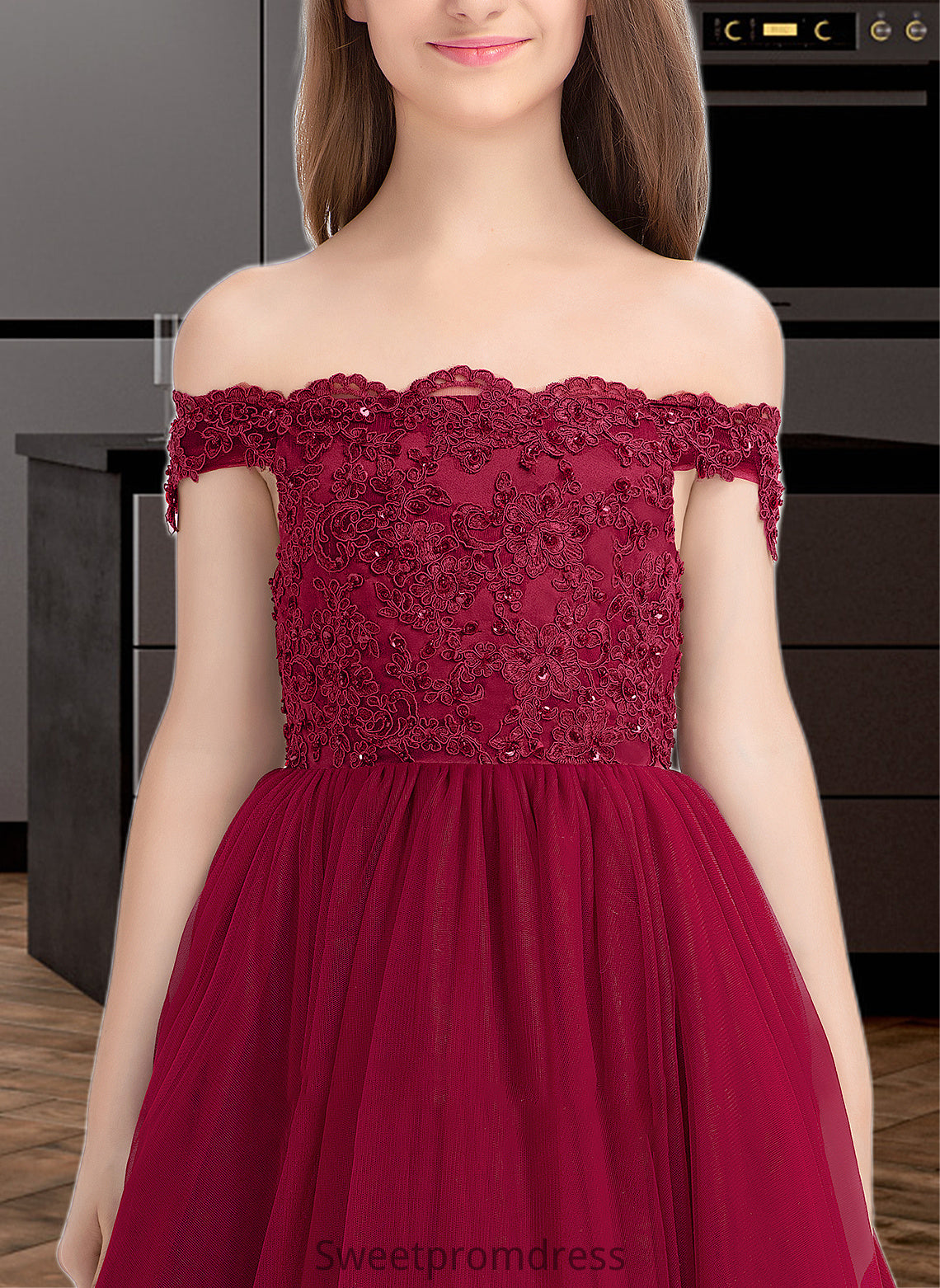 Chaya Ball-Gown/Princess Off-the-Shoulder Floor-Length Tulle Lace Junior Bridesmaid Dress With Beading Sequins DHP0013440