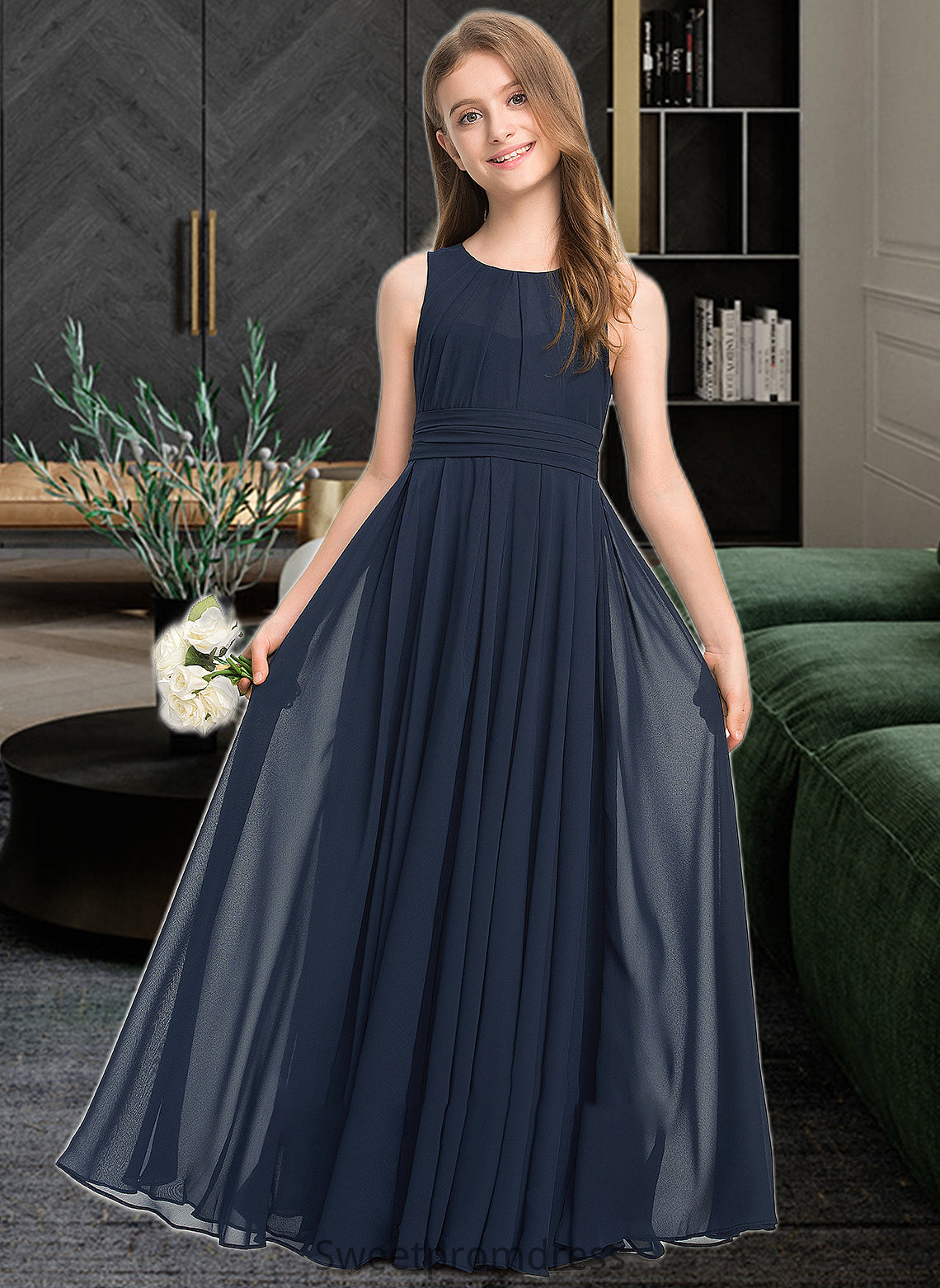 Chaya A-Line Scoop Neck Floor-Length Chiffon Junior Bridesmaid Dress With Ruffle DHP0013441