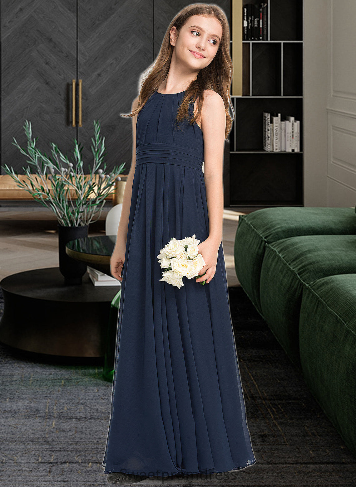 Chaya A-Line Scoop Neck Floor-Length Chiffon Junior Bridesmaid Dress With Ruffle DHP0013441