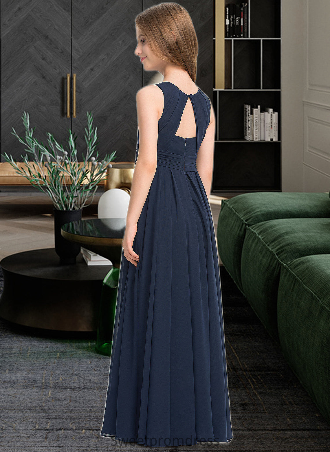 Chaya A-Line Scoop Neck Floor-Length Chiffon Junior Bridesmaid Dress With Ruffle DHP0013441