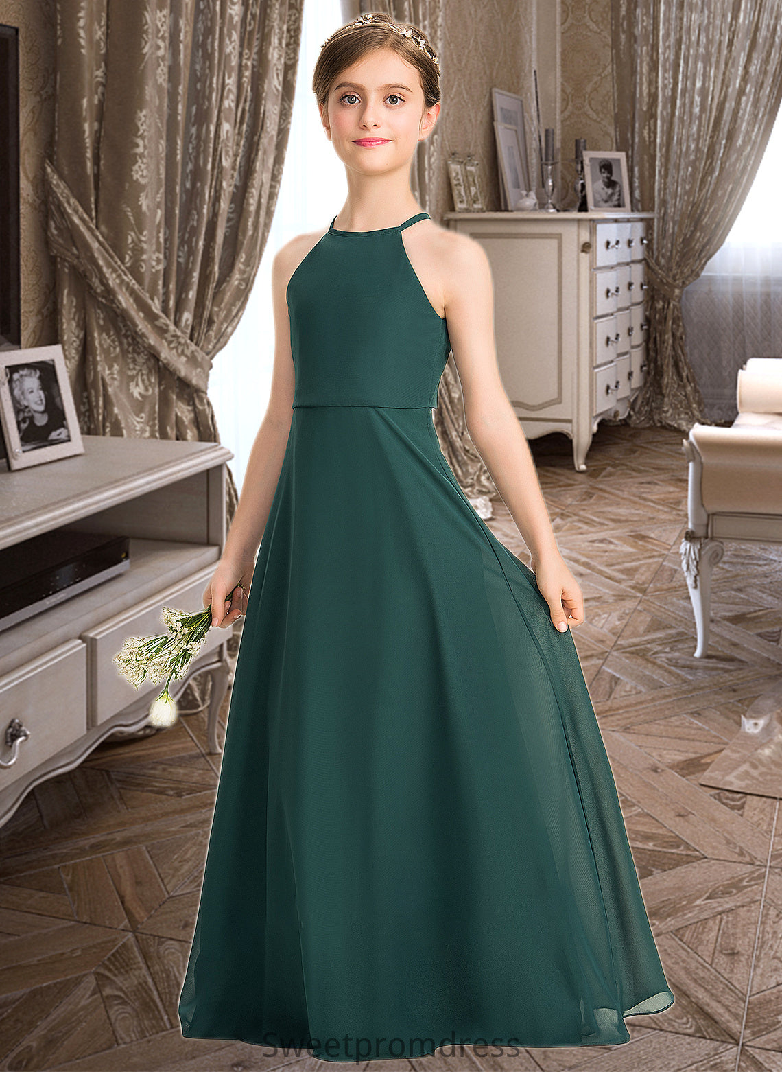 Gladys A-Line Scoop Neck Floor-Length Chiffon Junior Bridesmaid Dress DHP0013442