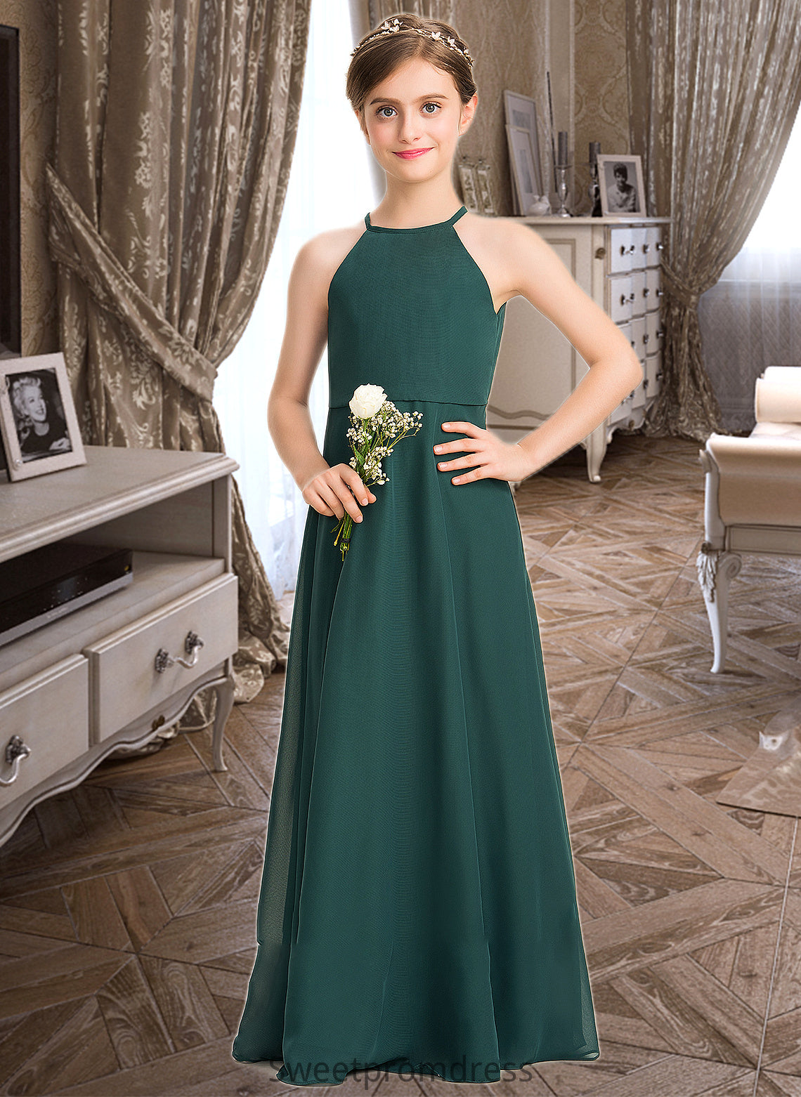 Gladys A-Line Scoop Neck Floor-Length Chiffon Junior Bridesmaid Dress DHP0013442