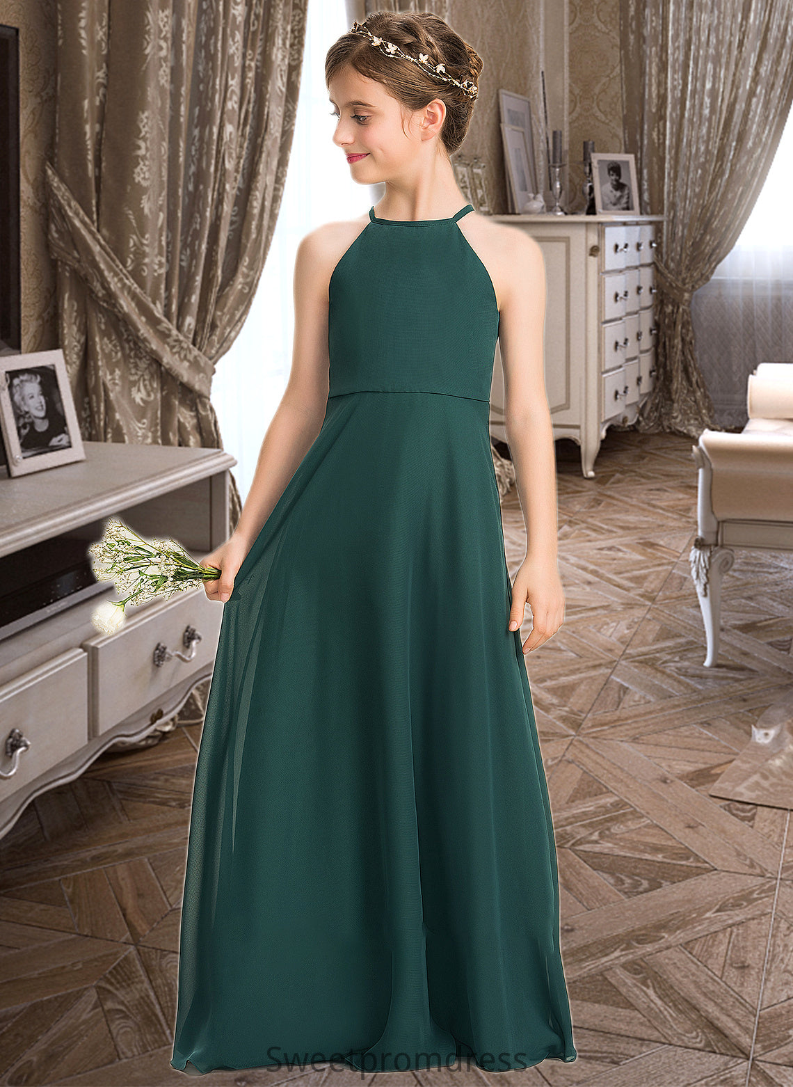 Gladys A-Line Scoop Neck Floor-Length Chiffon Junior Bridesmaid Dress DHP0013442