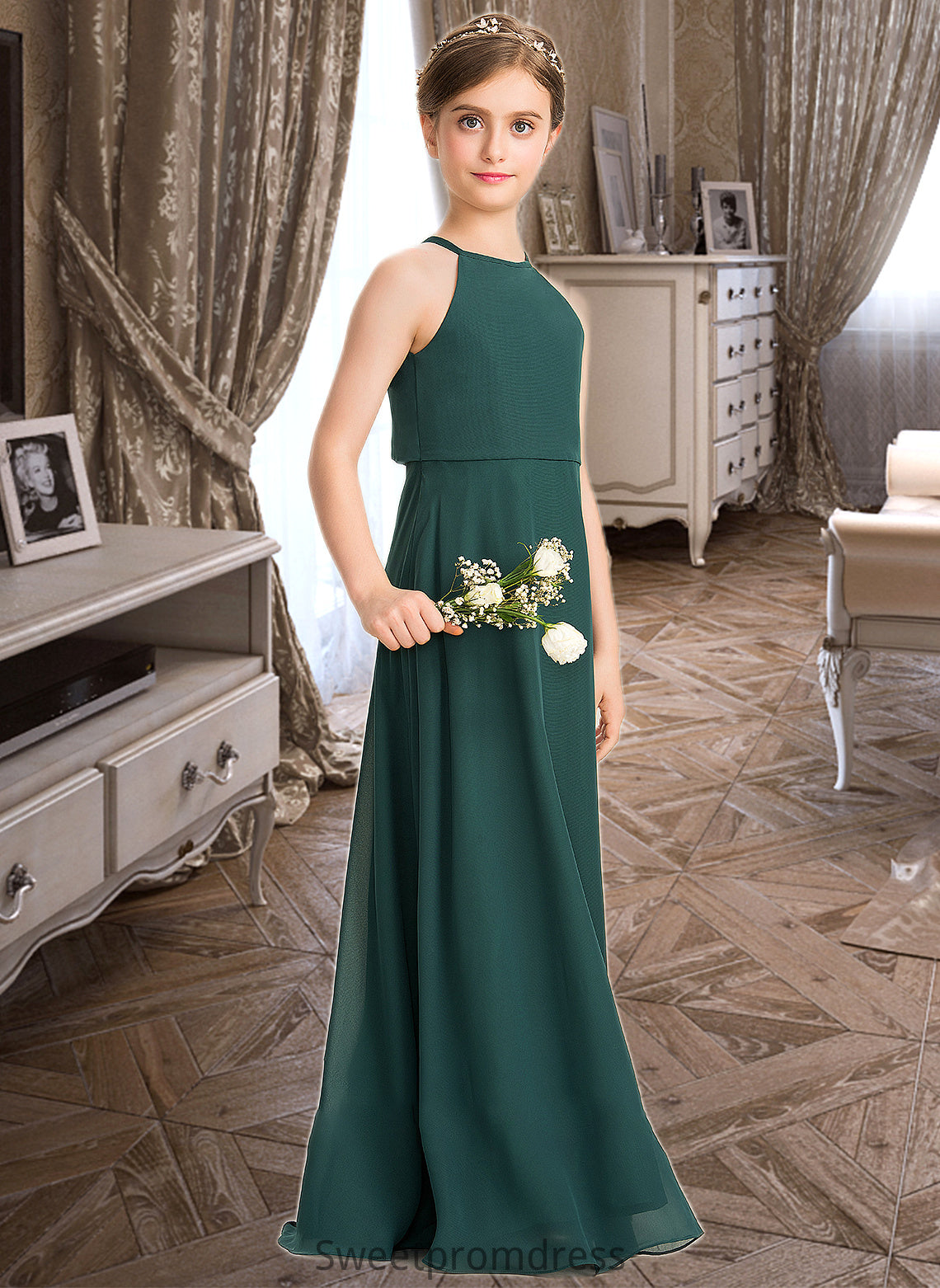 Gladys A-Line Scoop Neck Floor-Length Chiffon Junior Bridesmaid Dress DHP0013442