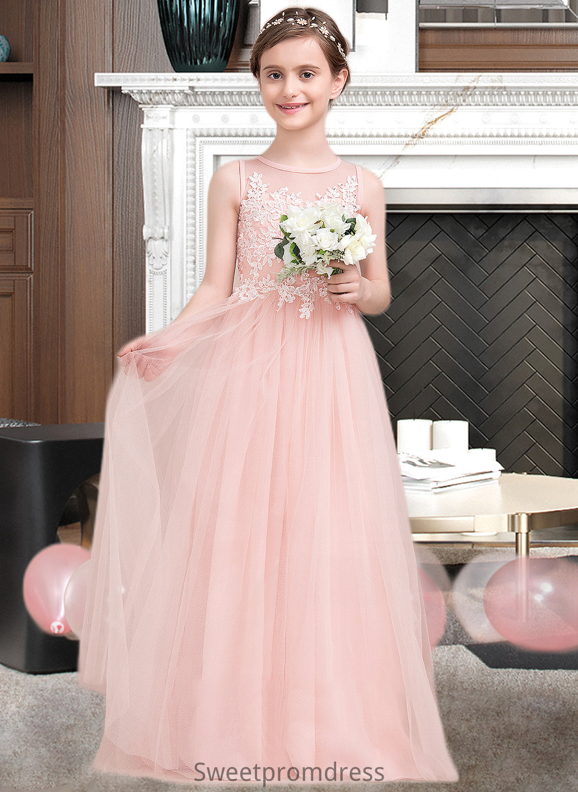 Annika A-Line Scoop Neck Floor-Length Tulle Junior Bridesmaid Dress With Beading Sequins DHP0013444