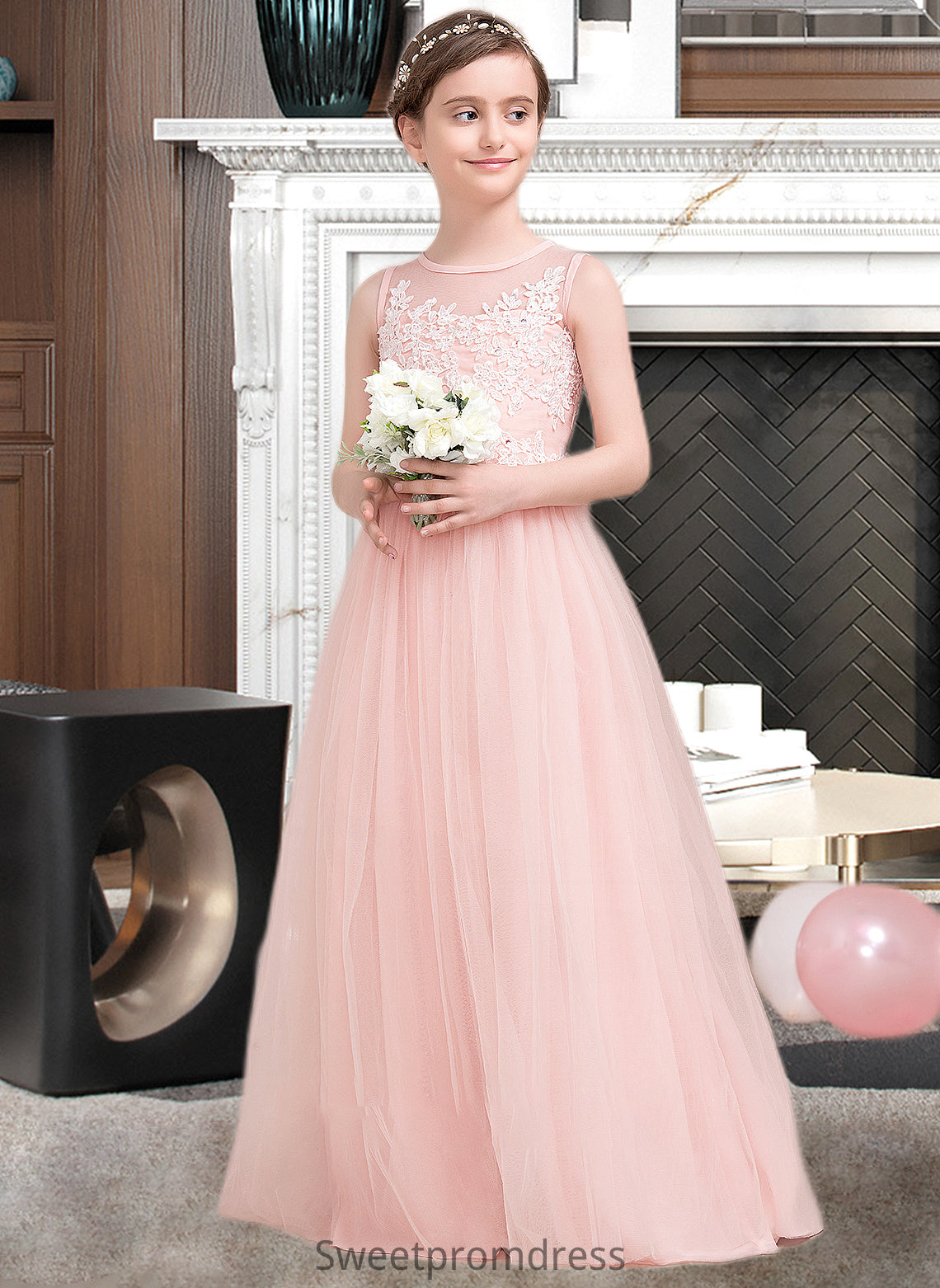 Annika A-Line Scoop Neck Floor-Length Tulle Junior Bridesmaid Dress With Beading Sequins DHP0013444