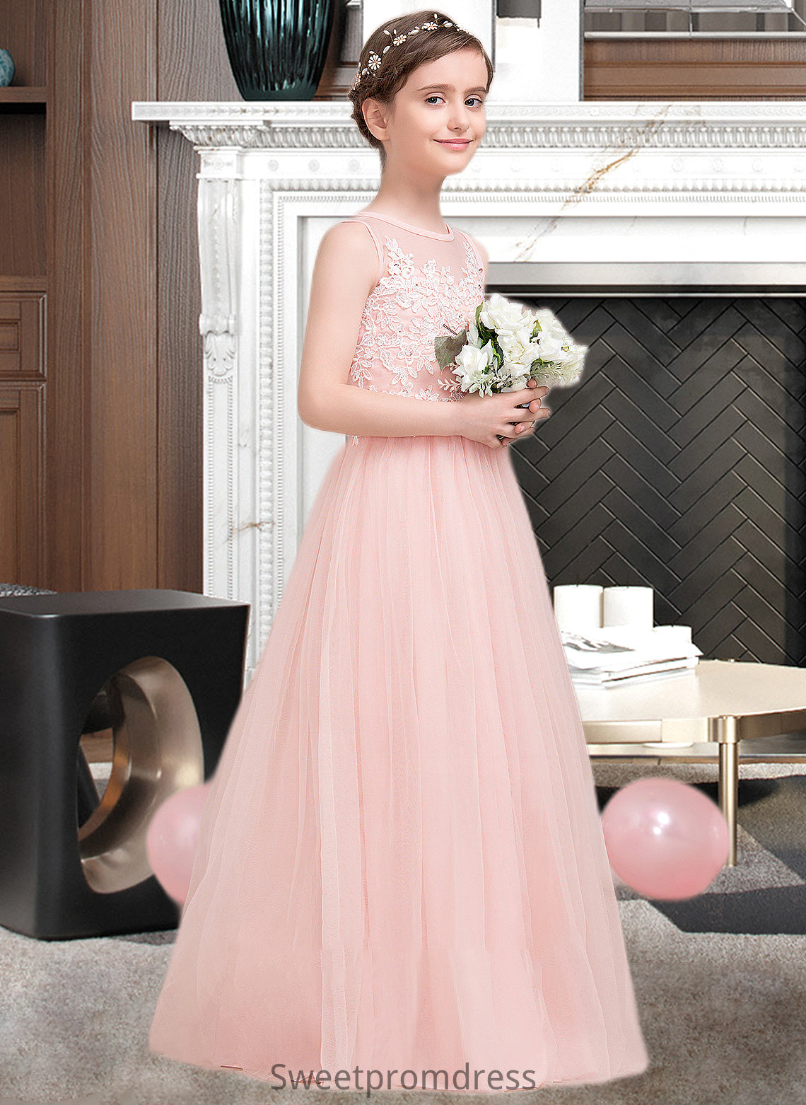 Annika A-Line Scoop Neck Floor-Length Tulle Junior Bridesmaid Dress With Beading Sequins DHP0013444