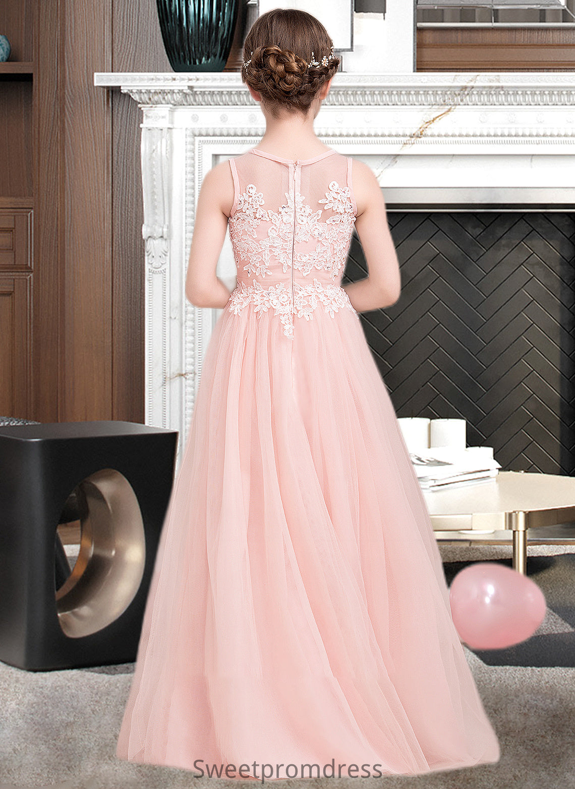 Annika A-Line Scoop Neck Floor-Length Tulle Junior Bridesmaid Dress With Beading Sequins DHP0013444