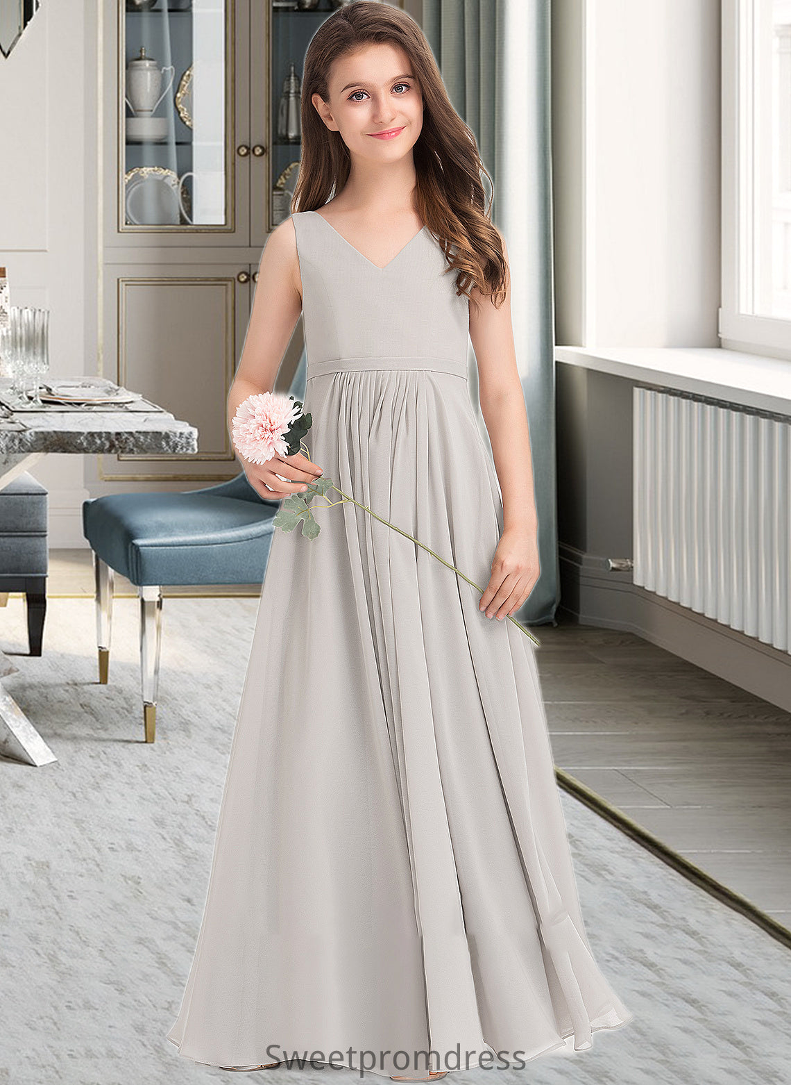 Molly A-Line V-neck Floor-Length Chiffon Junior Bridesmaid Dress With Pockets DHP0013446