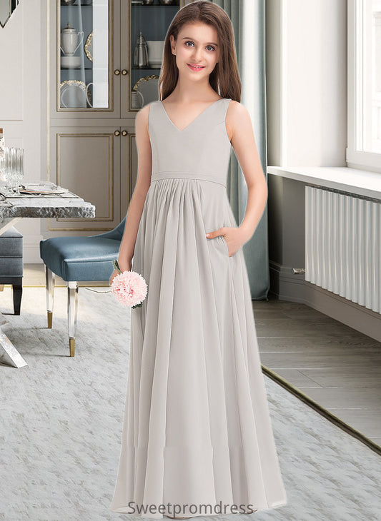 Molly A-Line V-neck Floor-Length Chiffon Junior Bridesmaid Dress With Pockets DHP0013446