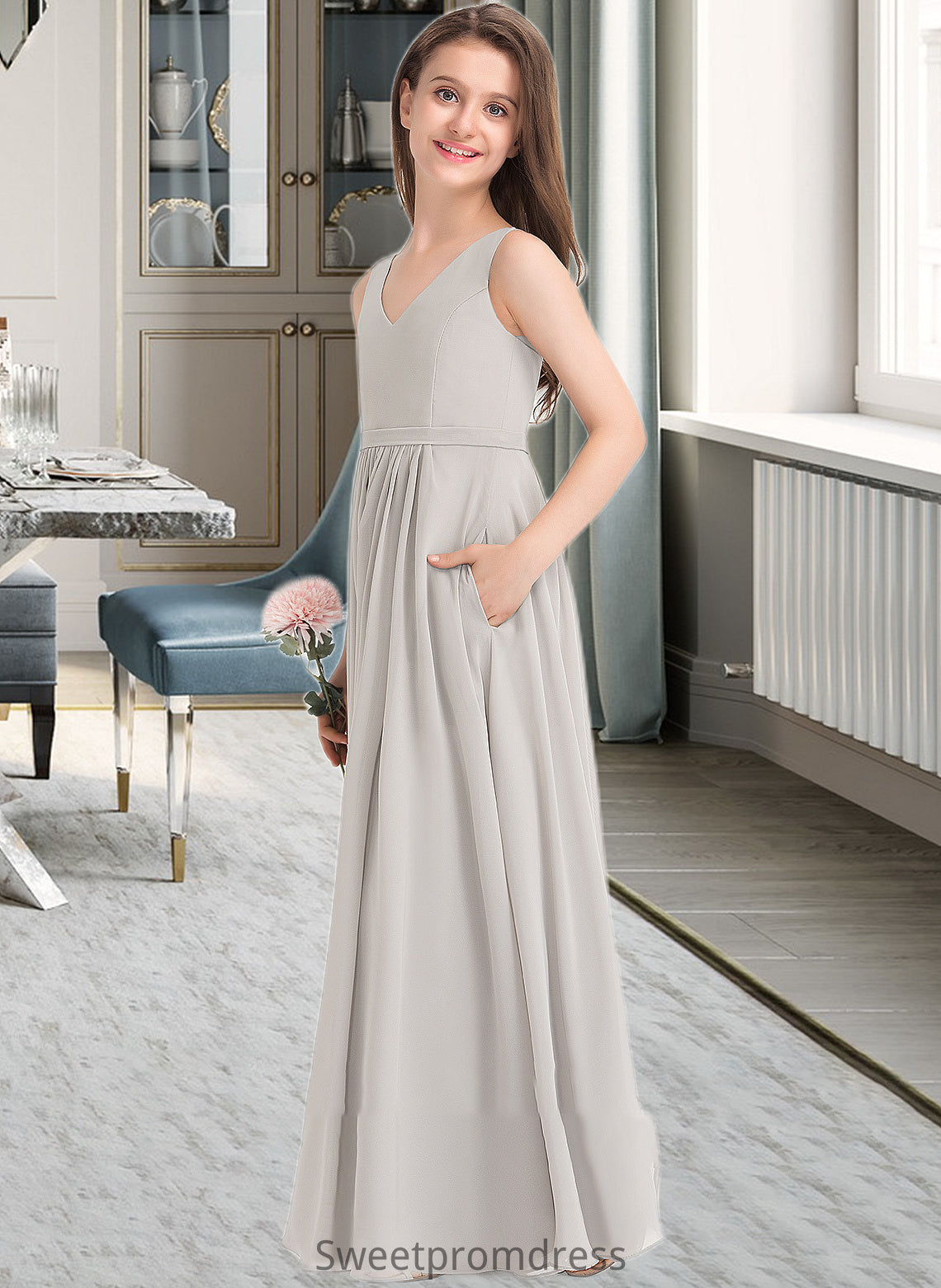 Molly A-Line V-neck Floor-Length Chiffon Junior Bridesmaid Dress With Pockets DHP0013446