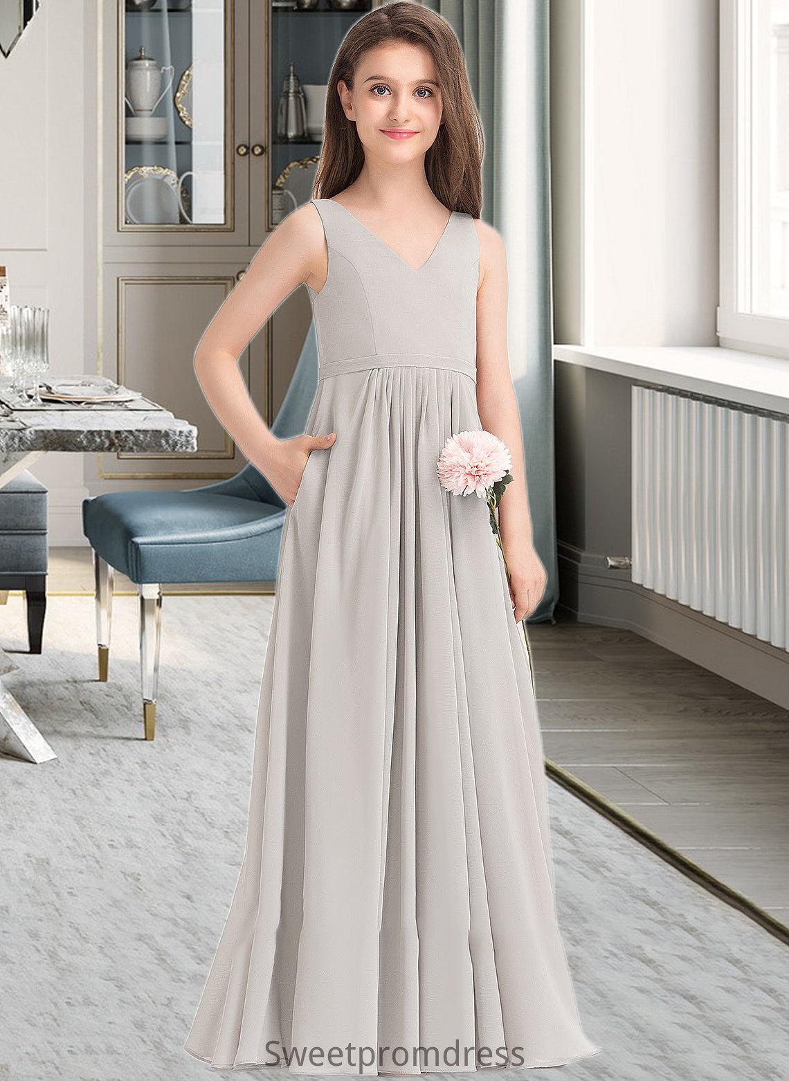 Molly A-Line V-neck Floor-Length Chiffon Junior Bridesmaid Dress With Pockets DHP0013446