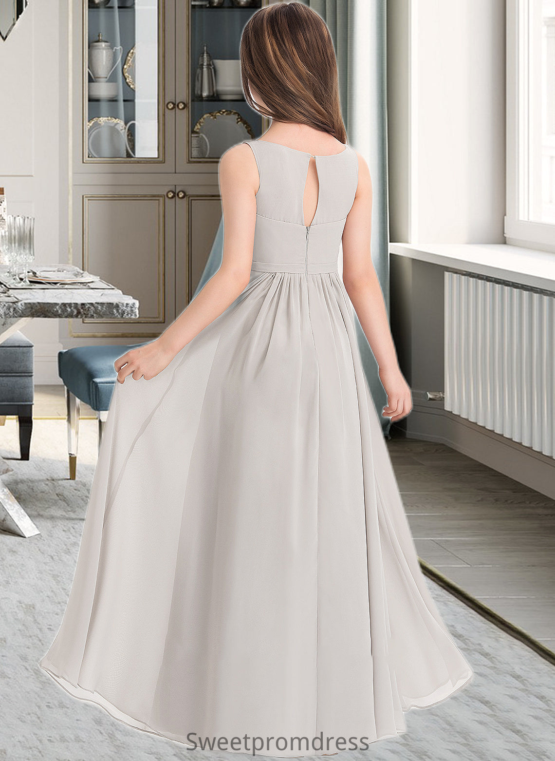 Molly A-Line V-neck Floor-Length Chiffon Junior Bridesmaid Dress With Pockets DHP0013446