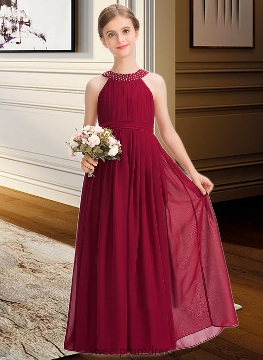 Kylee A-Line Scoop Neck Floor-Length Chiffon Junior Bridesmaid Dress With Ruffle Beading Bow(s) DHP0013447