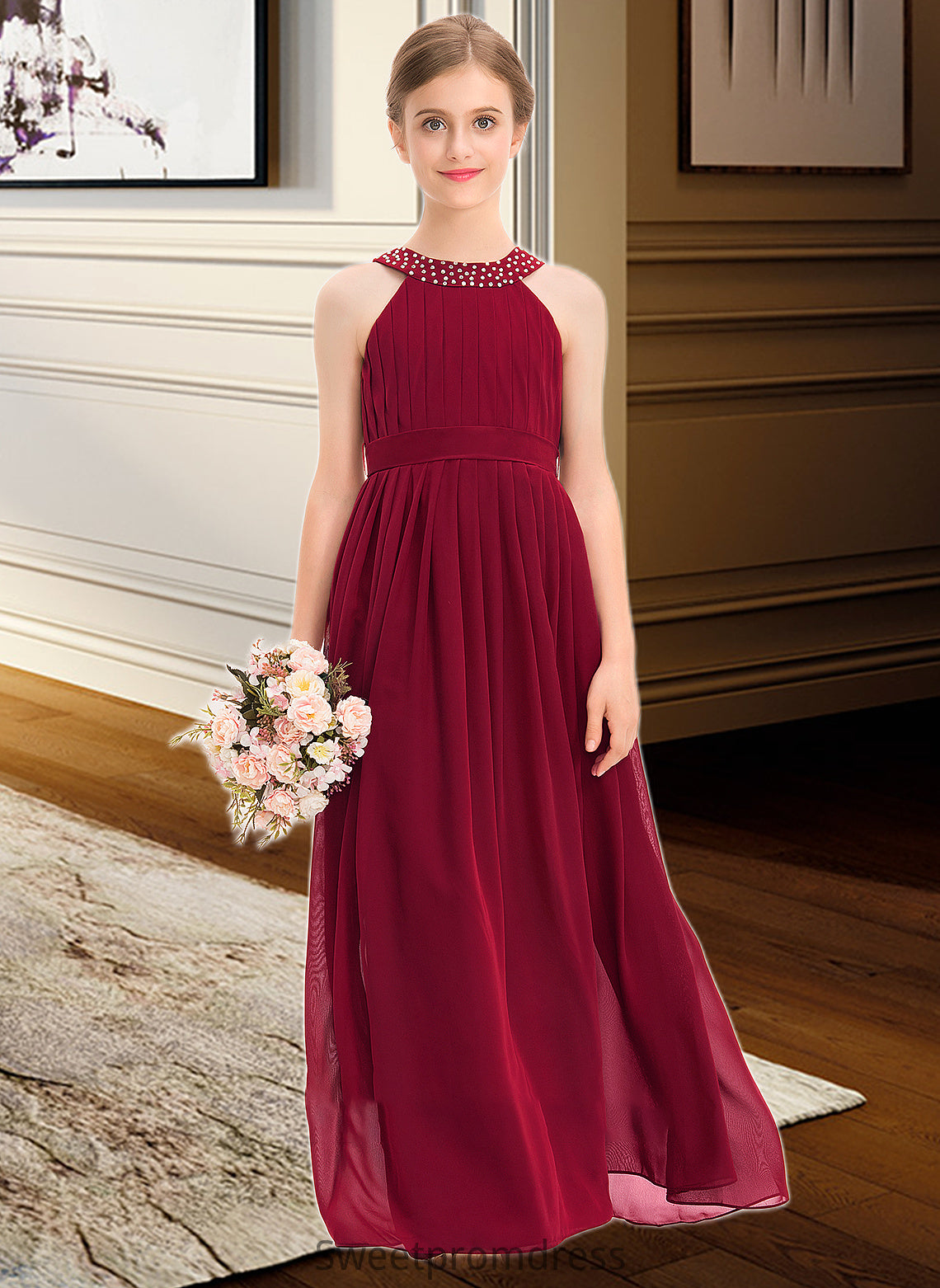 Kylee A-Line Scoop Neck Floor-Length Chiffon Junior Bridesmaid Dress With Ruffle Beading Bow(s) DHP0013447